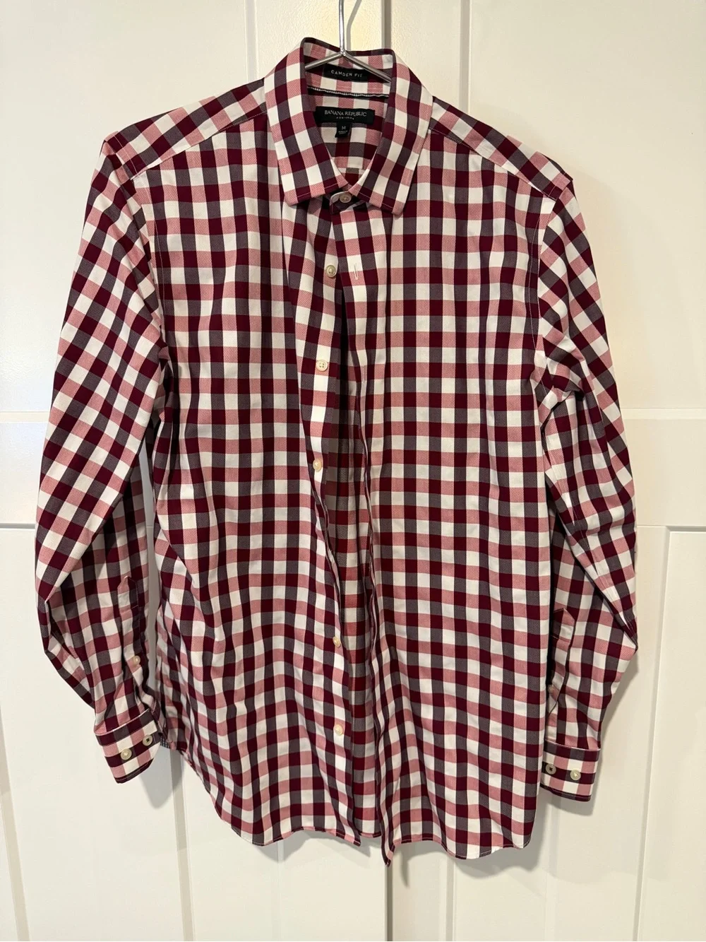 Banana Republic Men's Burgundy and White Check Dress Shirt